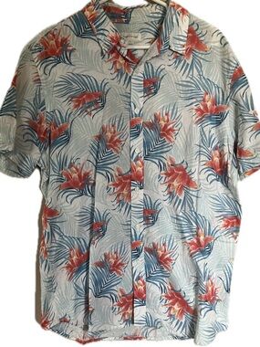 Sun + Stone Light Blue Floral Button-Down Shirt with Coral Blooms